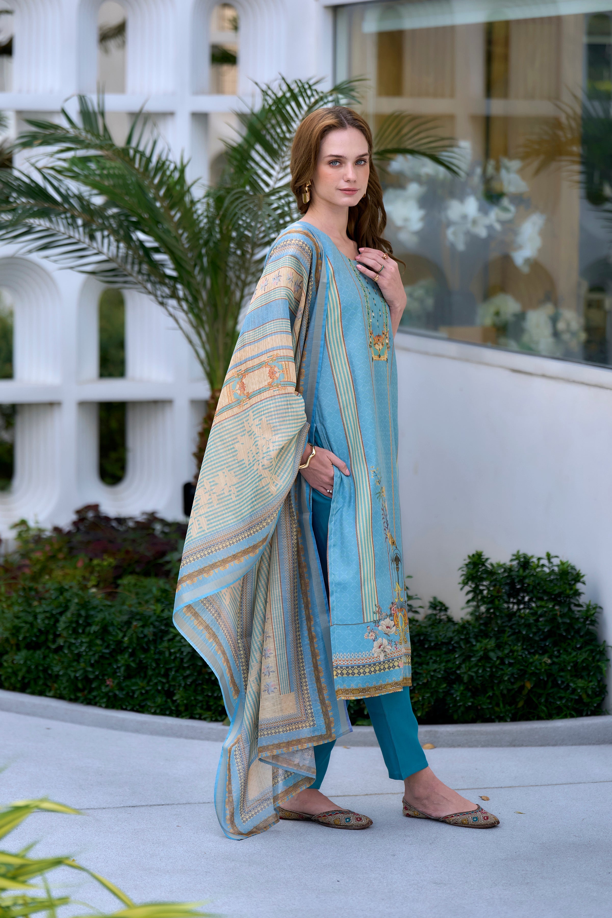 Women's Silk Blend Sky Blue Embroidered Kurta Pant With Dupatta