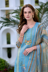 Women's Silk Blend Sky Blue Embroidered Kurta Pant With Dupatta-AVT-S2056-Sky