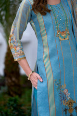 Women's Silk Blend Sky Blue Embroidered Kurta Pant With Dupatta-AVT-S2056-Sky