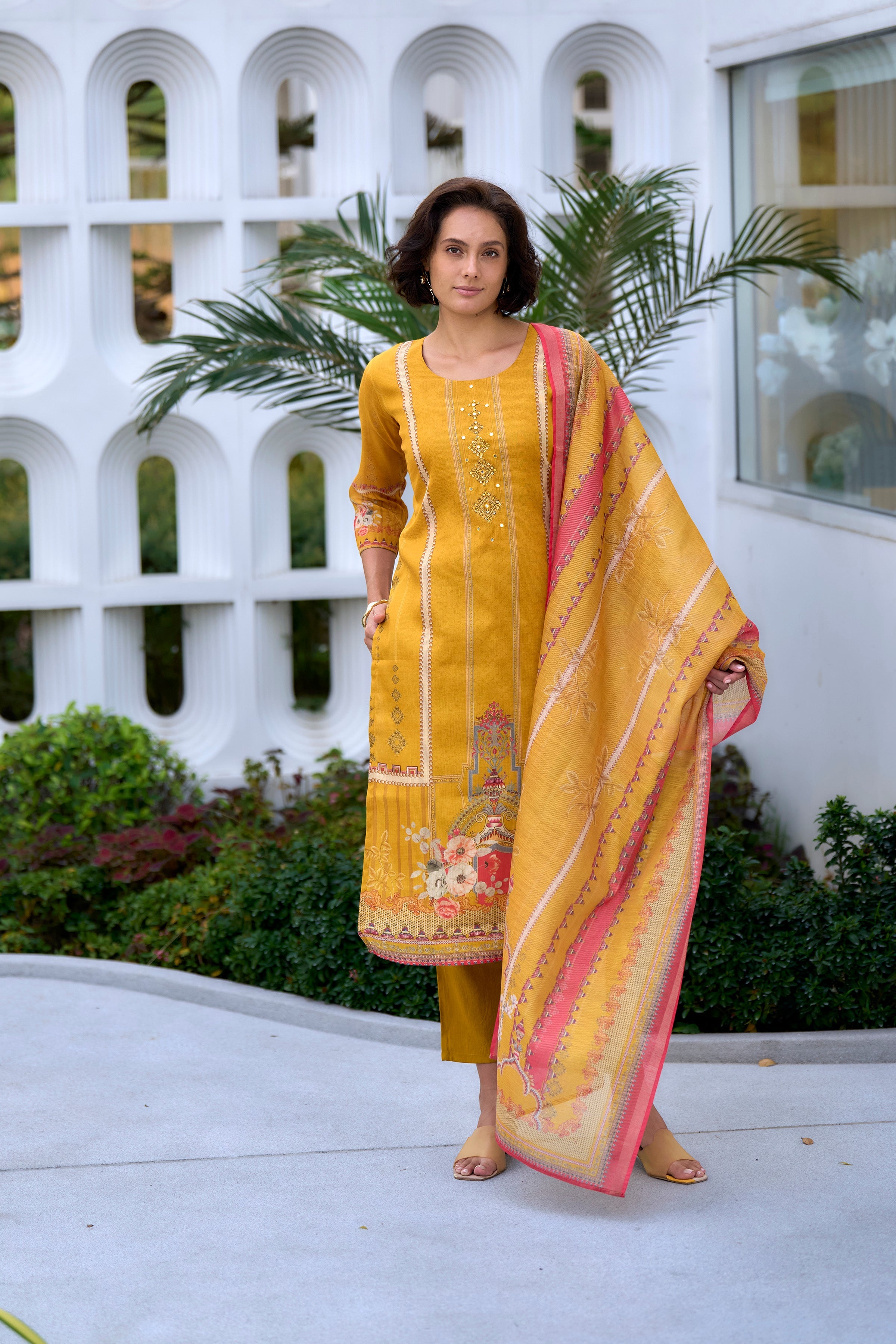 Women's Silk Blend Mustard Embroidered Kurta Pant With Dupatta