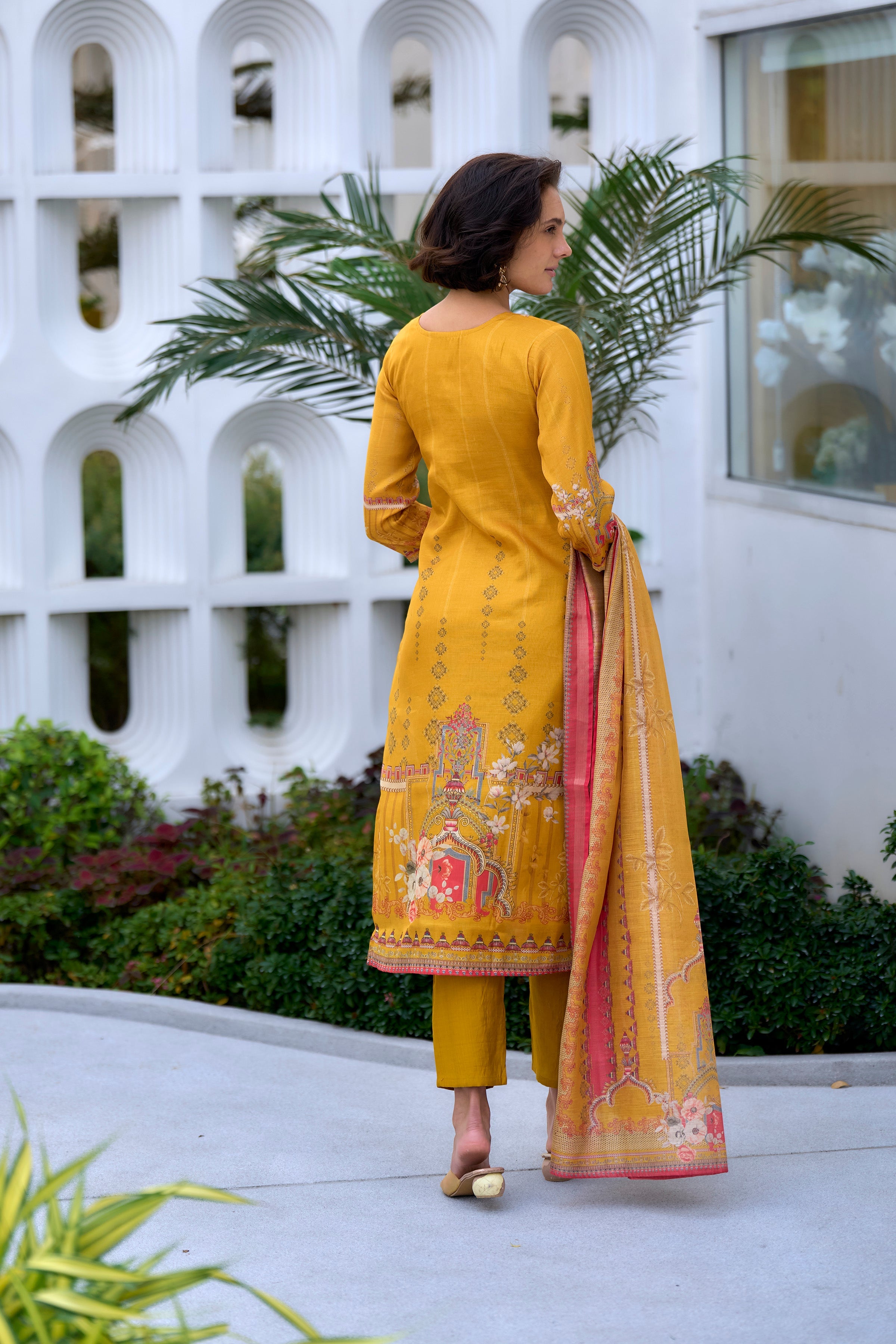 Women's Silk Blend Mustard Embroidered Kurta Pant With Dupatta