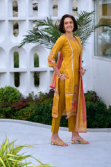 Women's Silk Blend Mustard Embroidered Kurta Pant With Dupatta-AVT-S2057-Mustard