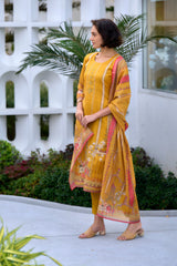 Women's Silk Blend Mustard Embroidered Kurta Pant With Dupatta-AVT-S2057-Mustard