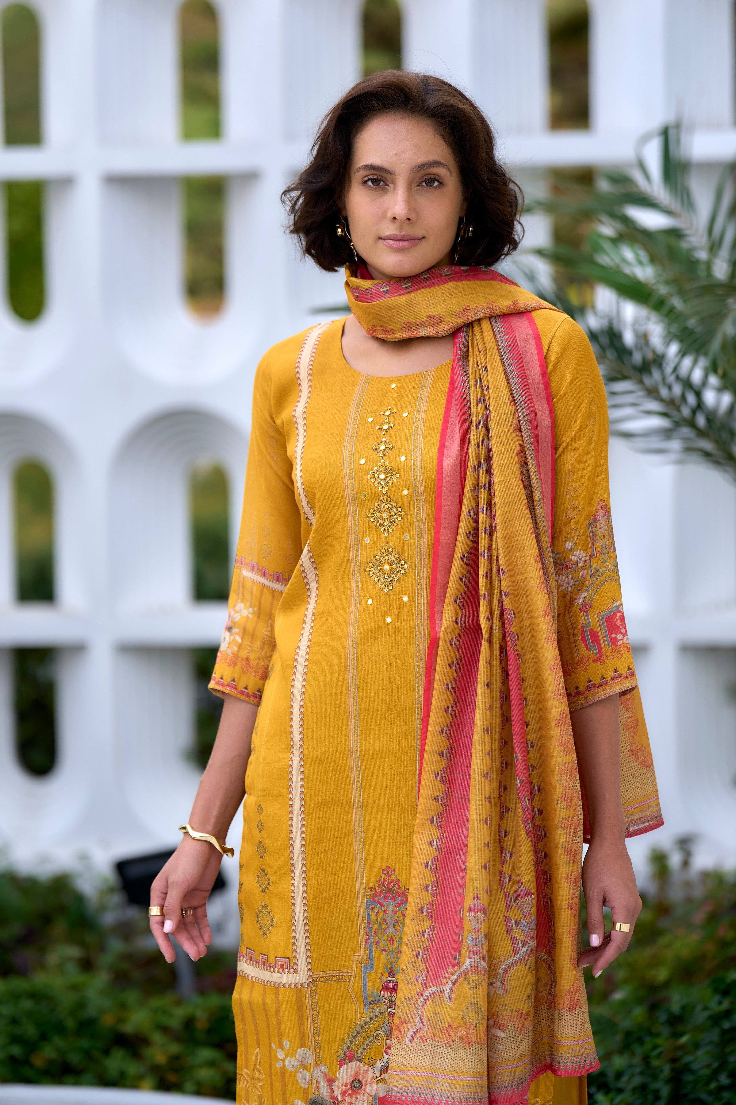 Women's Silk Blend Mustard Embroidered Kurta Pant With Dupatta