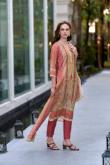 Women's Silk Blend Peach Embroidered Kurta Pant With Dupatta-AVT-S2058-Peach