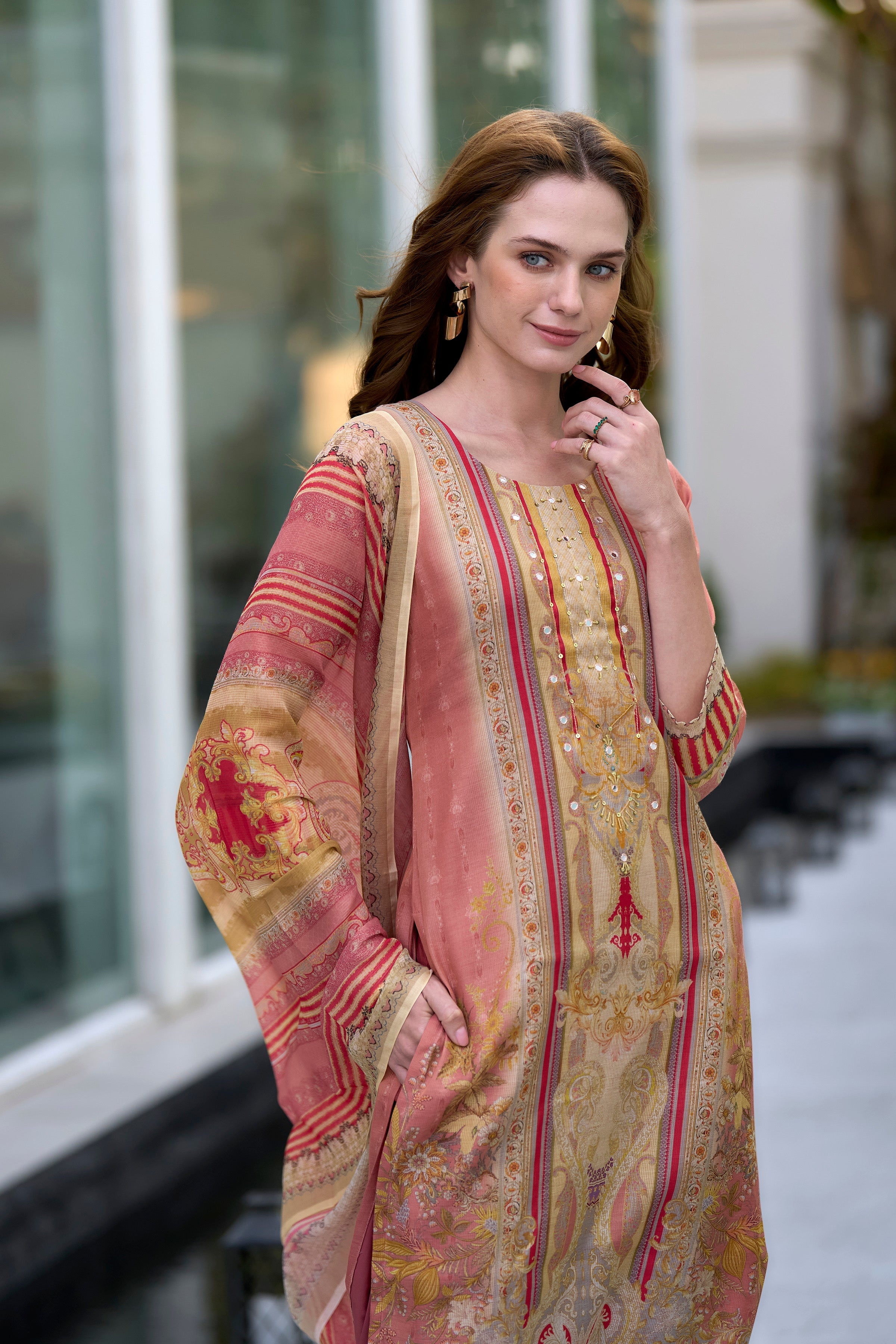 Women's Silk Blend Peach Embroidered Kurta Pant With Dupatta