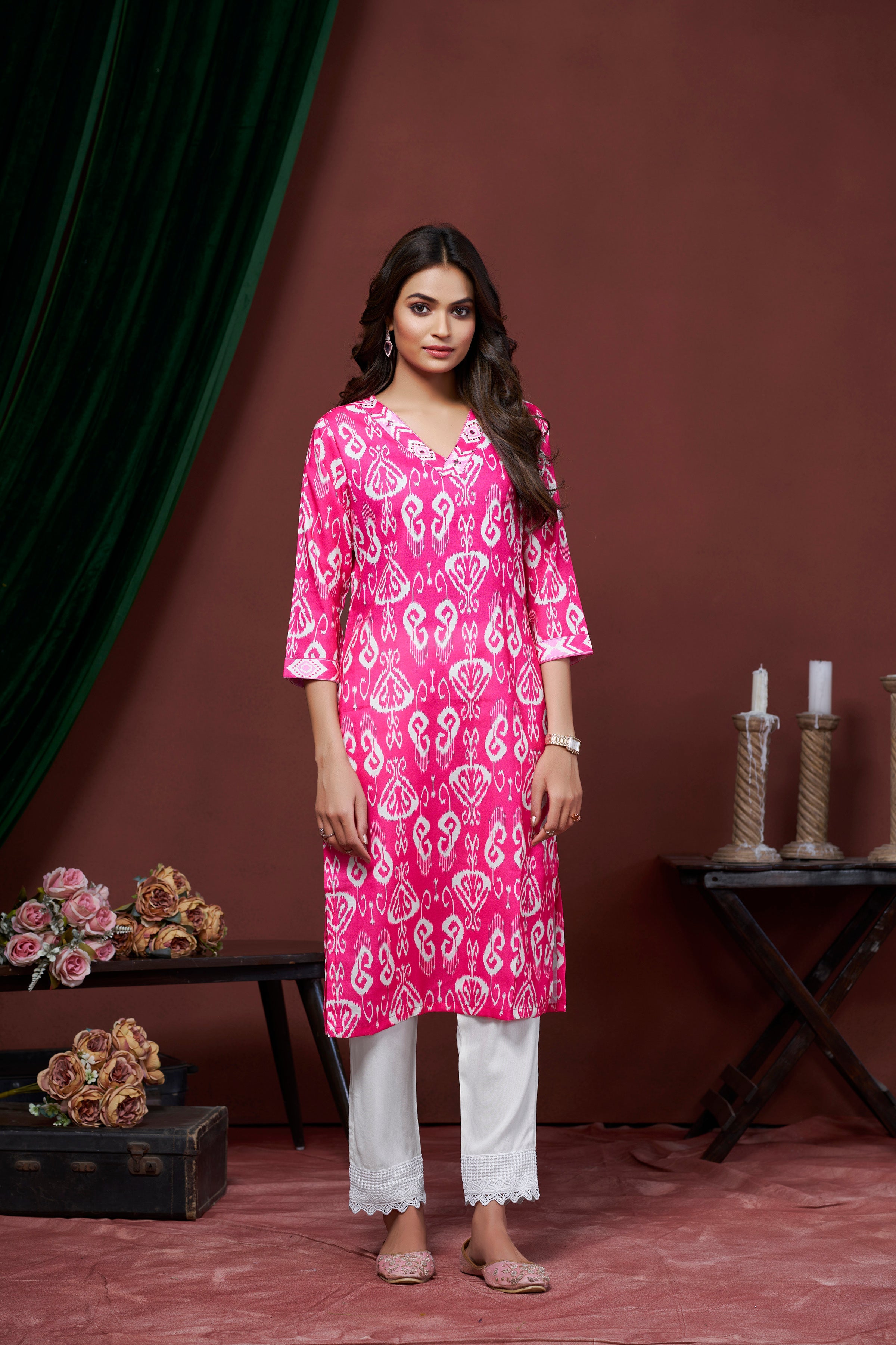Women's Cotton Linen Pink Printed embellished Kurti
