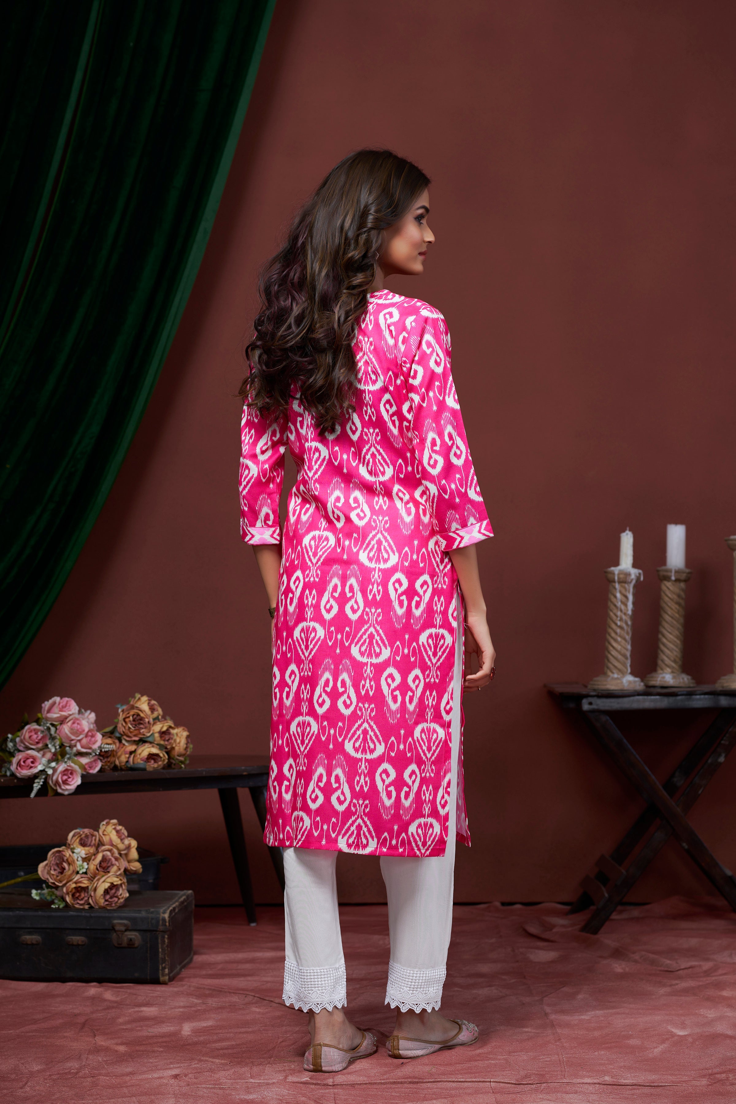 Women's Cotton Linen Pink Printed embellished Kurti