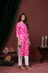 Women's Cotton Linen Pink Printed embellished Kurti-AVT-S2061-Pink
