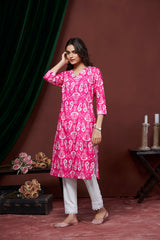 Women's Cotton Linen Pink Printed embellished Kurti-AVT-S2061-Pink
