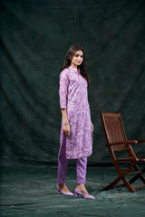Women's Cotton Linen Lavendar Floral Printed embellished Kurti-AVT-S2062-Lavendar