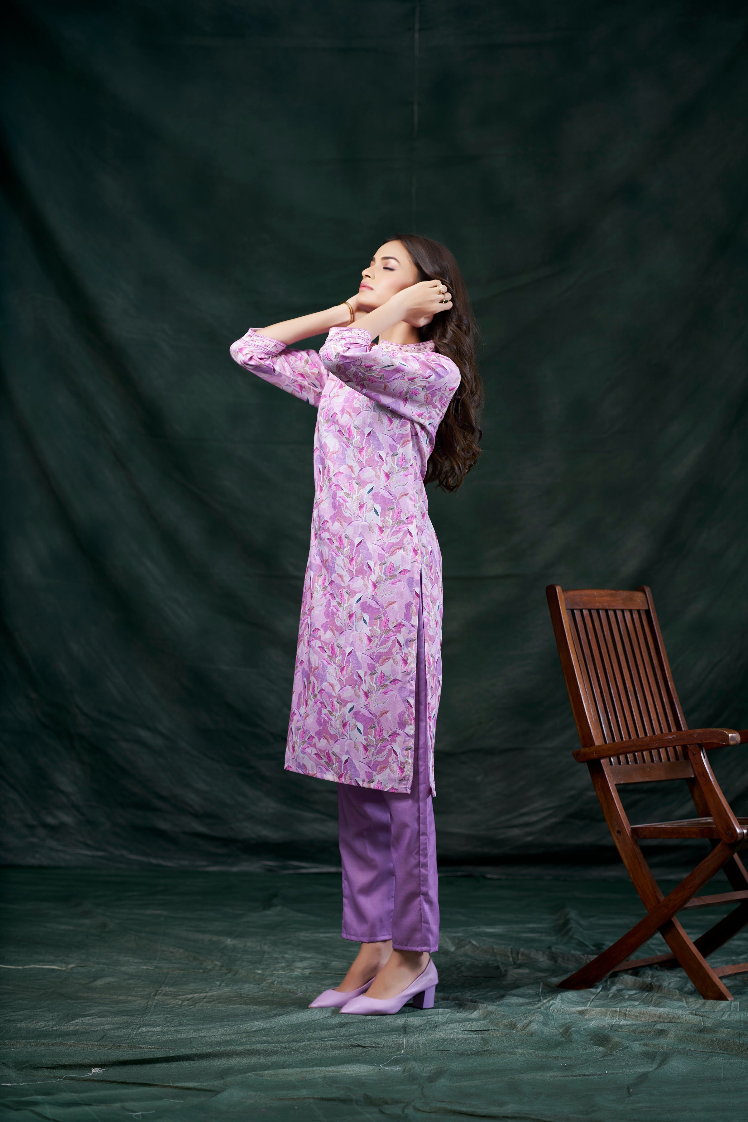 Women's Cotton Linen Lavendar Floral Printed embellished Kurti