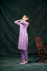 Women's Cotton Linen Lavendar Floral Printed embellished Kurti-AVT-S2062-Lavendar