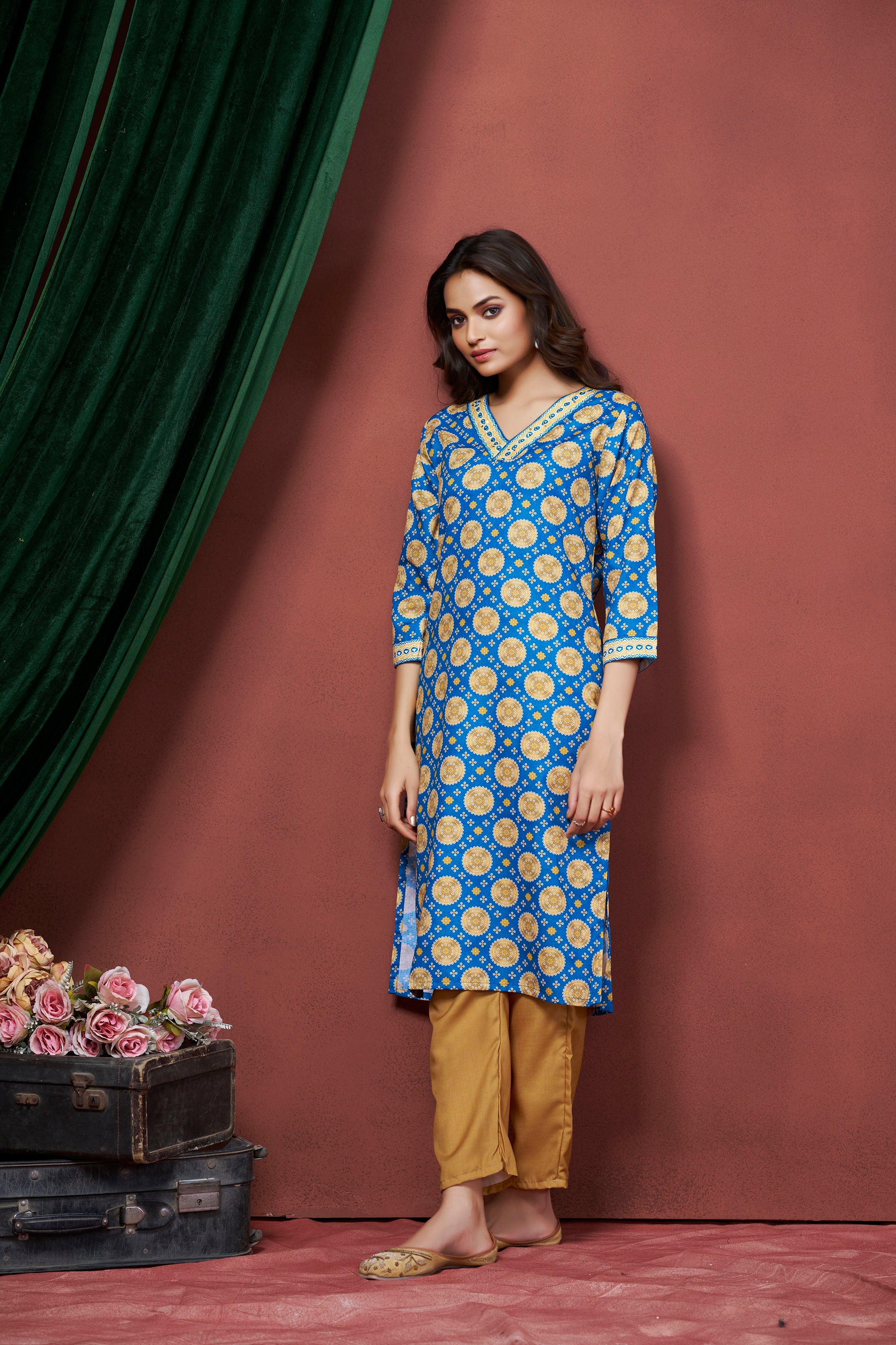 Women's Cotton Linen Sky Blue Printed embellished Bandhani Kurti