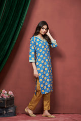 Women's Cotton Linen Sky Blue Printed embellished Bandhani Kurti-AVT-S2064-Sky