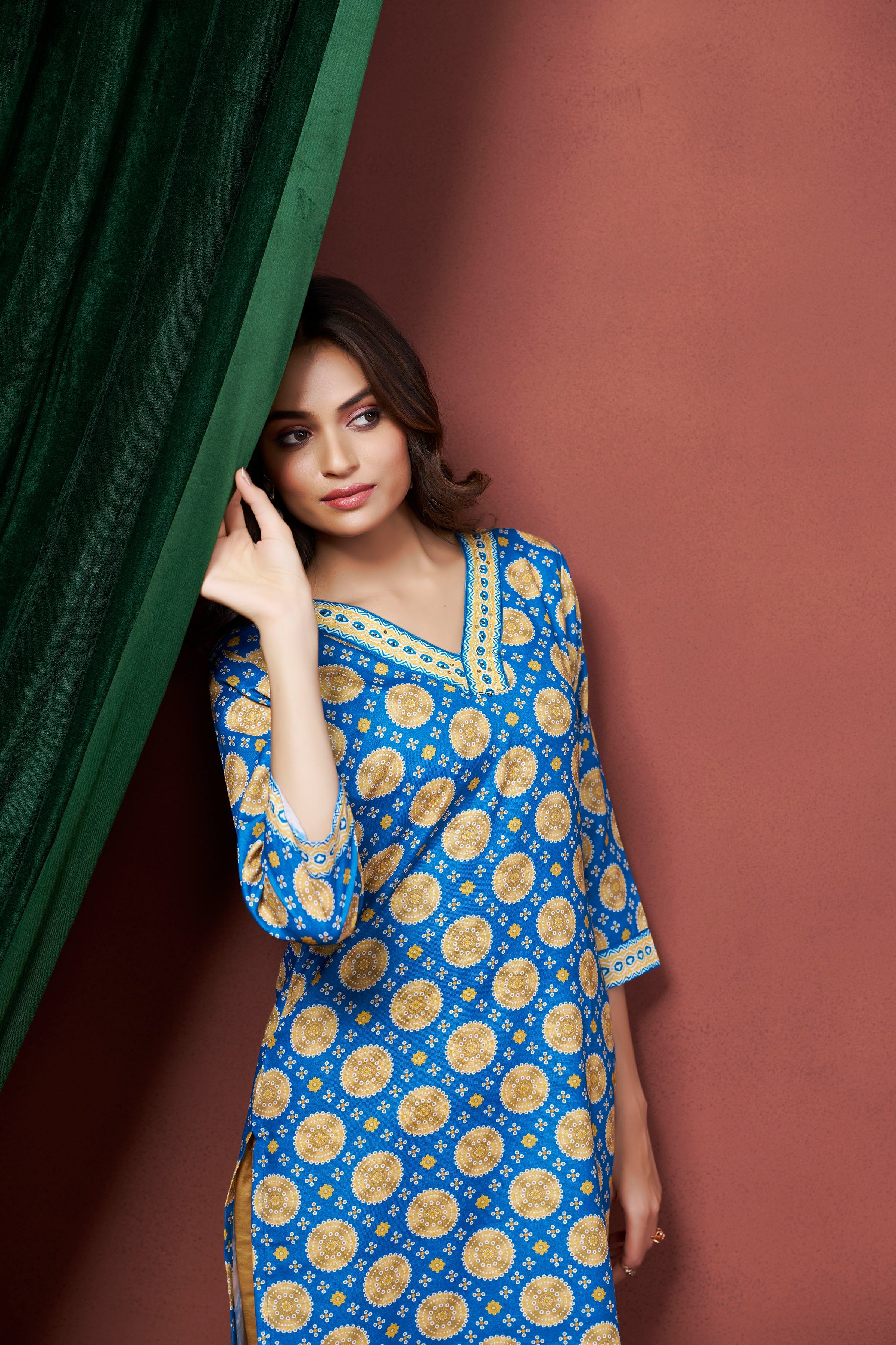 Women's Cotton Linen Sky Blue Printed embellished Bandhani Kurti