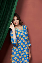 Women's Cotton Linen Sky Blue Printed embellished Bandhani Kurti-AVT-S2064-Sky