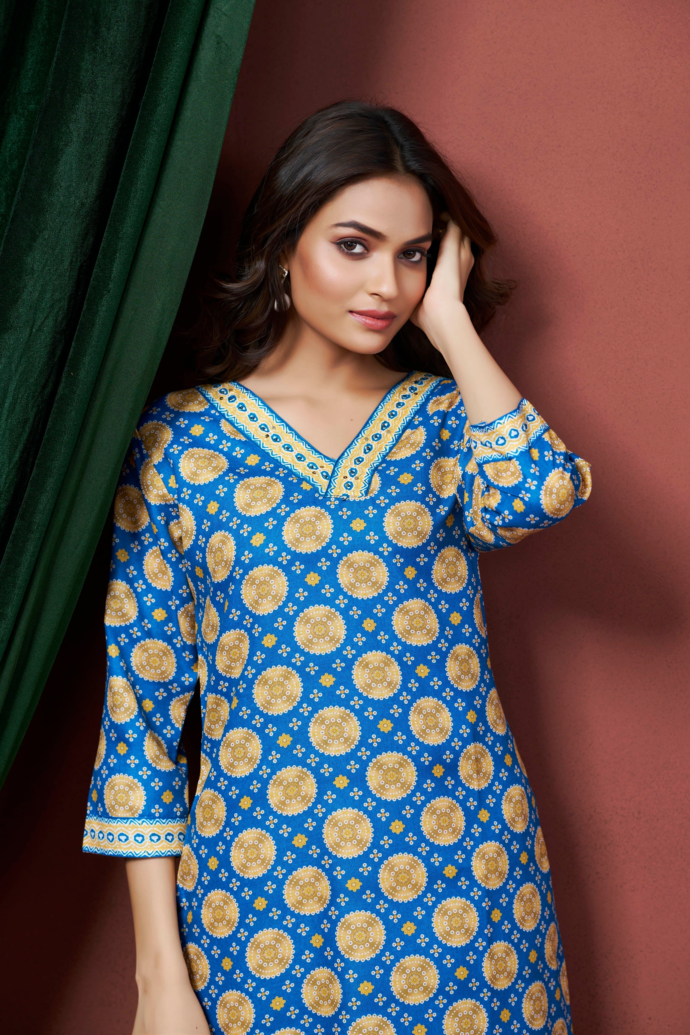 Women's Cotton Linen Sky Blue Printed embellished Bandhani Kurti