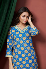 Women's Cotton Linen Sky Blue Printed embellished Bandhani Kurti-AVT-S2064-Sky