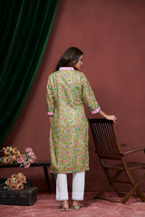 Women's Cotton Linen Olive Floral Printed embellished Kurti-AVT-S2065-Olive