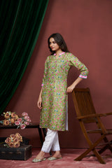 Women's Cotton Linen Olive Floral Printed embellished Kurti-AVT-S2065-Olive