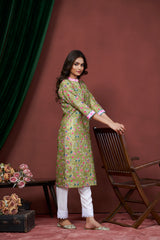 Women's Cotton Linen Olive Floral Printed embellished Kurti-AVT-S2065-Olive