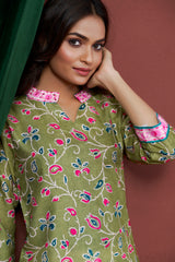 Women's Cotton Linen Olive Floral Printed embellished Kurti-AVT-S2065-Olive