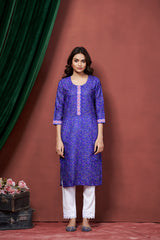 Women's Cotton Linen Royal Blue Printed embellished Bandhani Kurti-AVT-S2066-RBlue