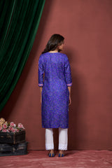 Women's Cotton Linen Royal Blue Printed embellished Bandhani Kurti-AVT-S2066-RBlue