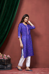 Women's Cotton Linen Royal Blue Printed embellished Bandhani Kurti-AVT-S2066-RBlue