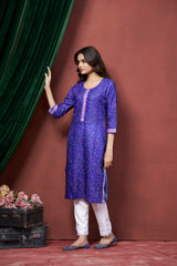 Women's Cotton Linen Royal Blue Printed embellished Bandhani Kurti-AVT-S2066-RBlue