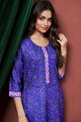 Women's Cotton Linen Royal Blue Printed embellished Bandhani Kurti-AVT-S2066-RBlue