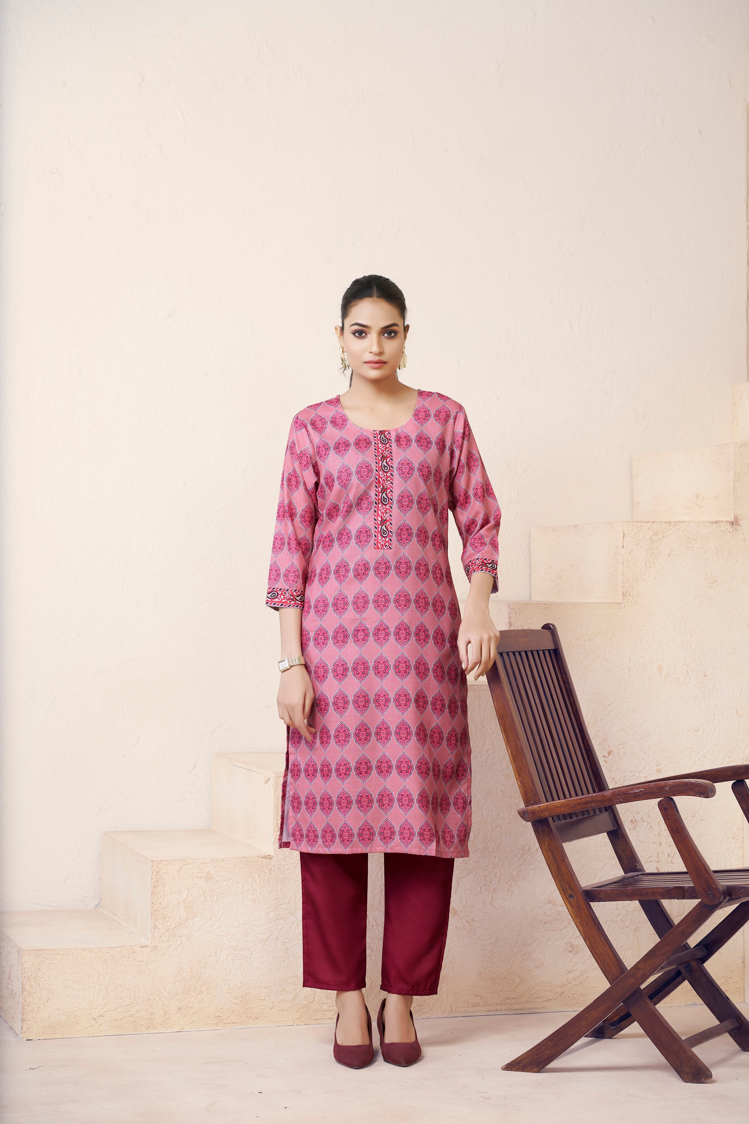 Women's Cotton Linen Pink Floral Printed embellished Kurti