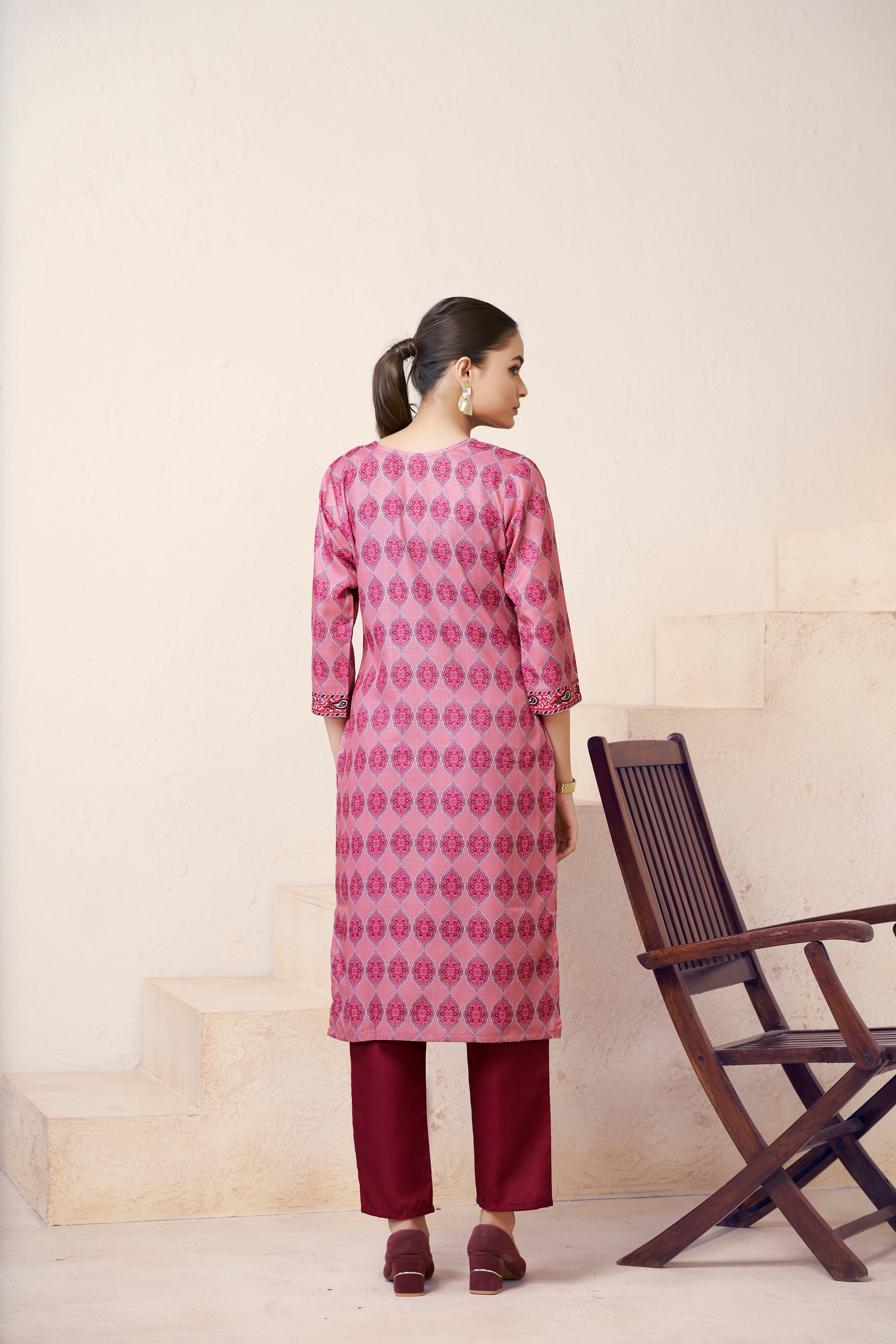 Women's Cotton Linen Pink Floral Printed embellished Kurti