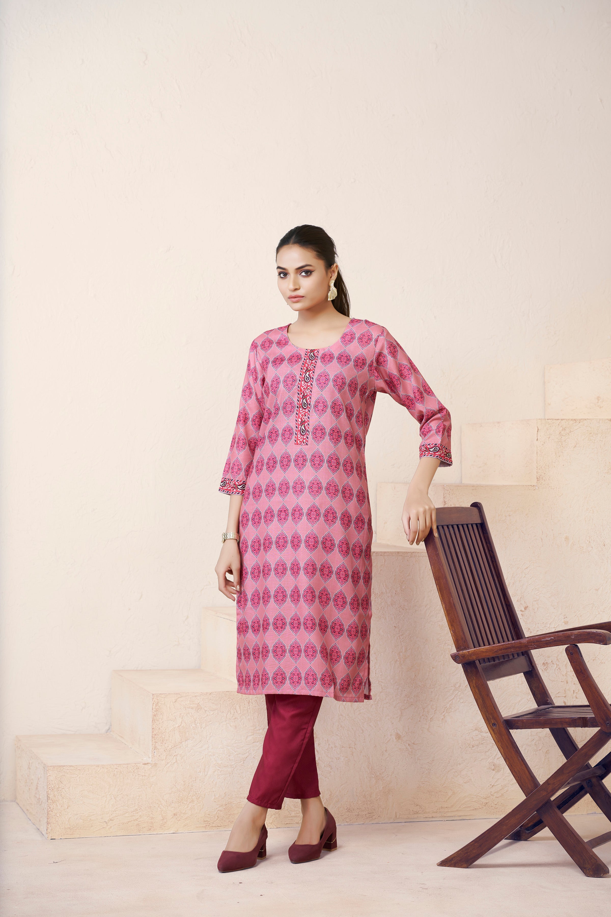 Women's Cotton Linen Pink Floral Printed embellished Kurti