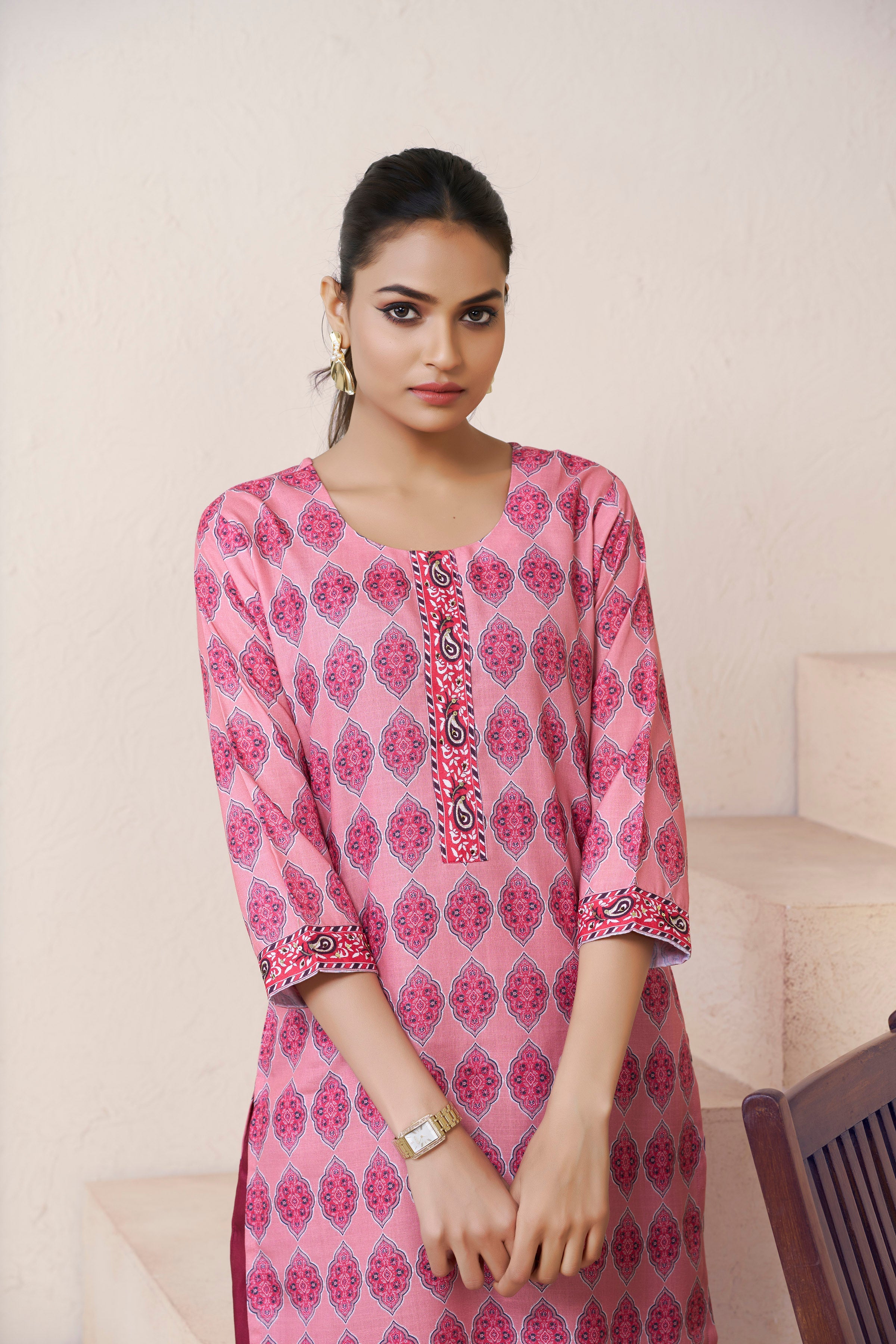 Women's Cotton Linen Pink Floral Printed embellished Kurti