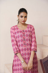 Women's Cotton Linen Pink Floral Printed embellished Kurti-AVT-S2067-Pink