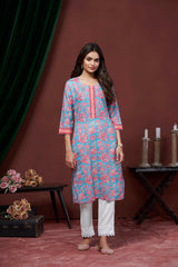 Women's Cotton Linen Sky Blue Floral Printed embellished Kurti-AVT-S2068-Sky