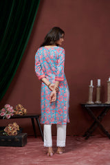 Women's Cotton Linen Sky Blue Floral Printed embellished Kurti-AVT-S2068-Sky