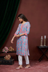 Women's Cotton Linen Sky Blue Floral Printed embellished Kurti-AVT-S2068-Sky