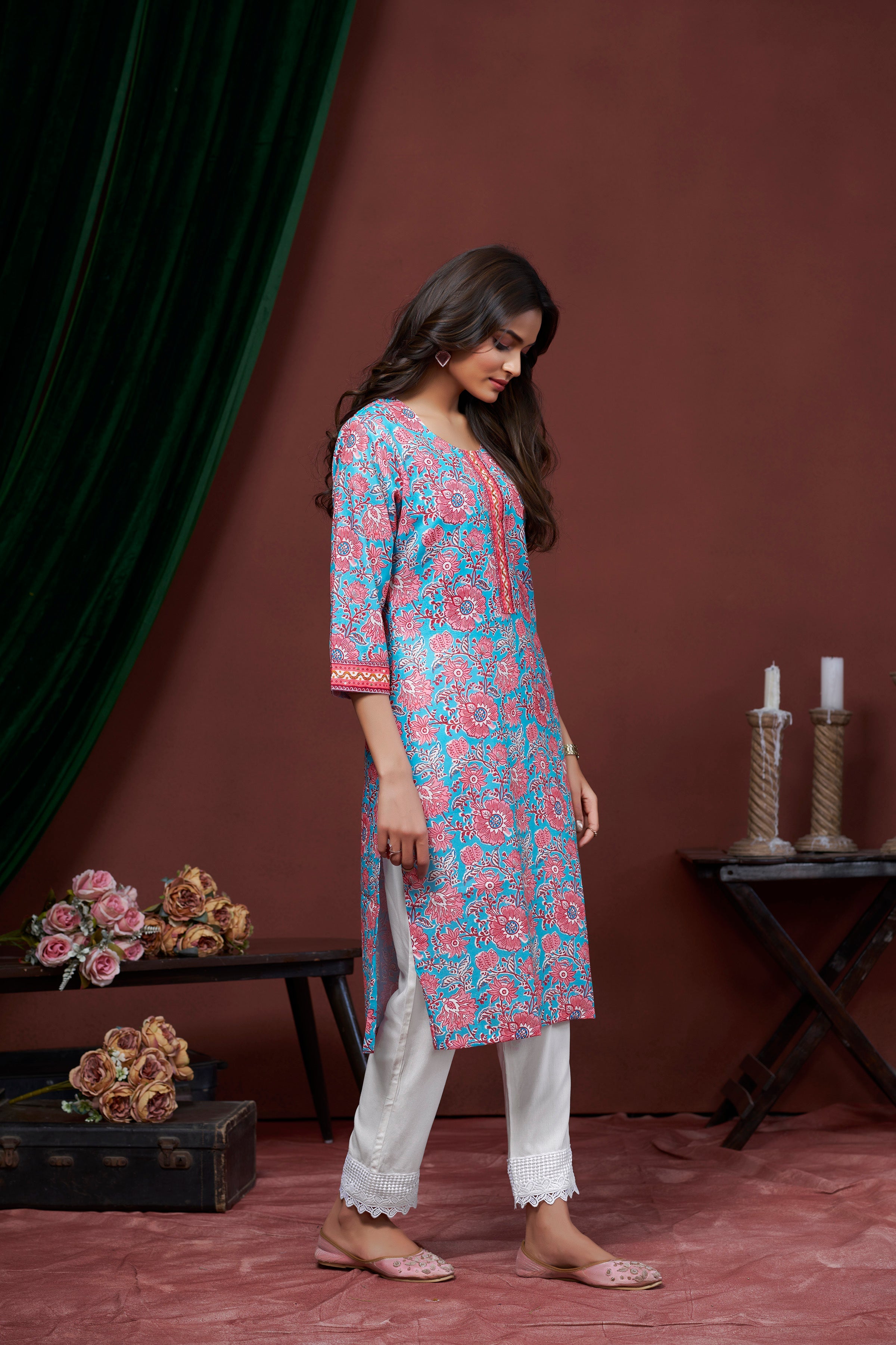 Women's Cotton Linen Sky Blue Floral Printed embellished Kurti