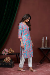 Women's Cotton Linen Sky Blue Floral Printed embellished Kurti-AVT-S2068-Sky