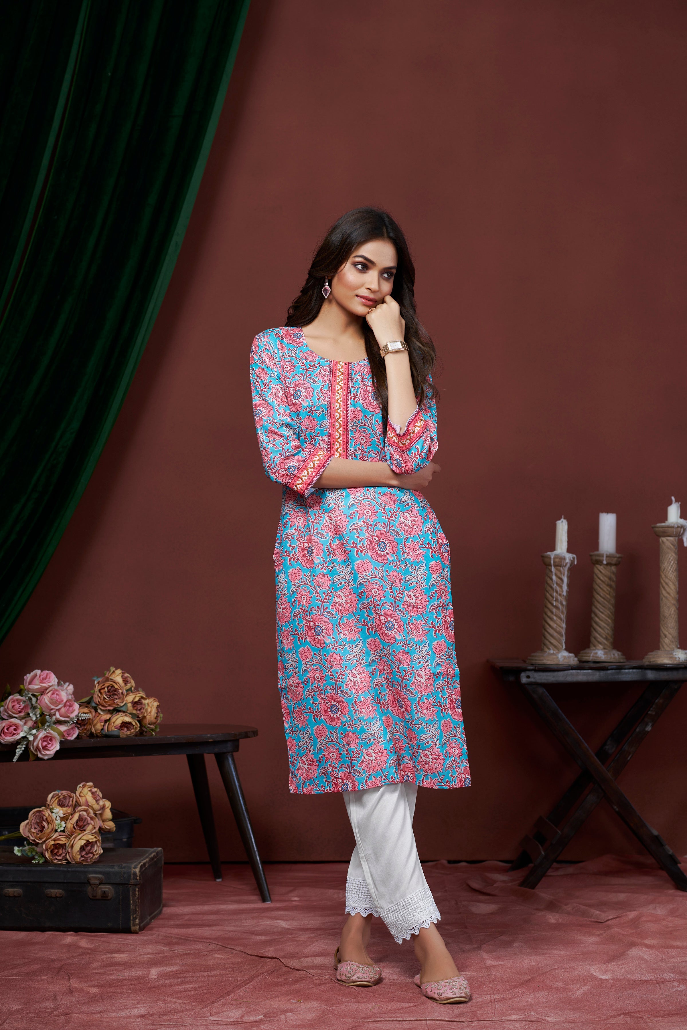 Women's Cotton Linen Sky Blue Floral Printed embellished Kurti