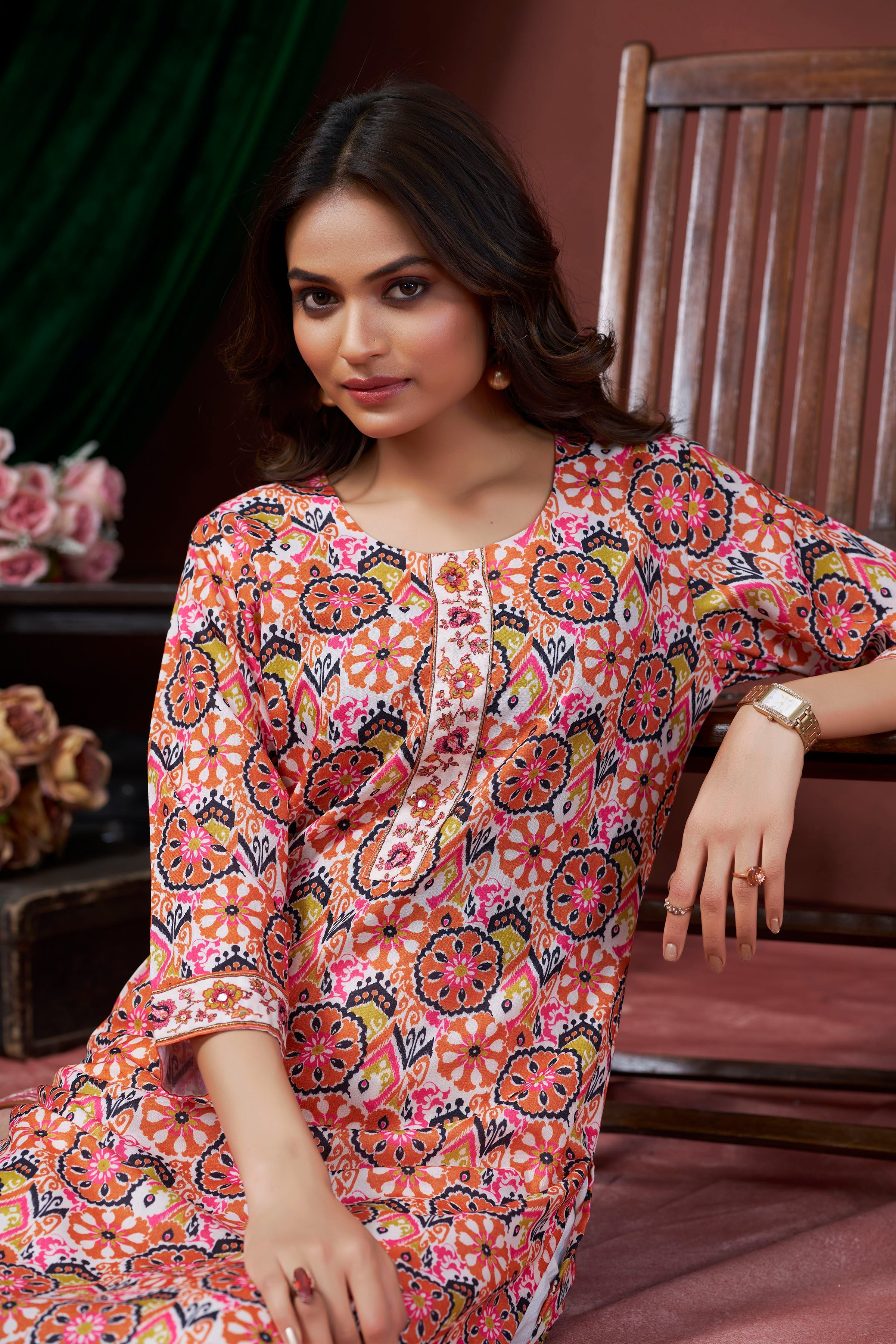 Women's Cotton Linen Multi Printed embellished Kurti