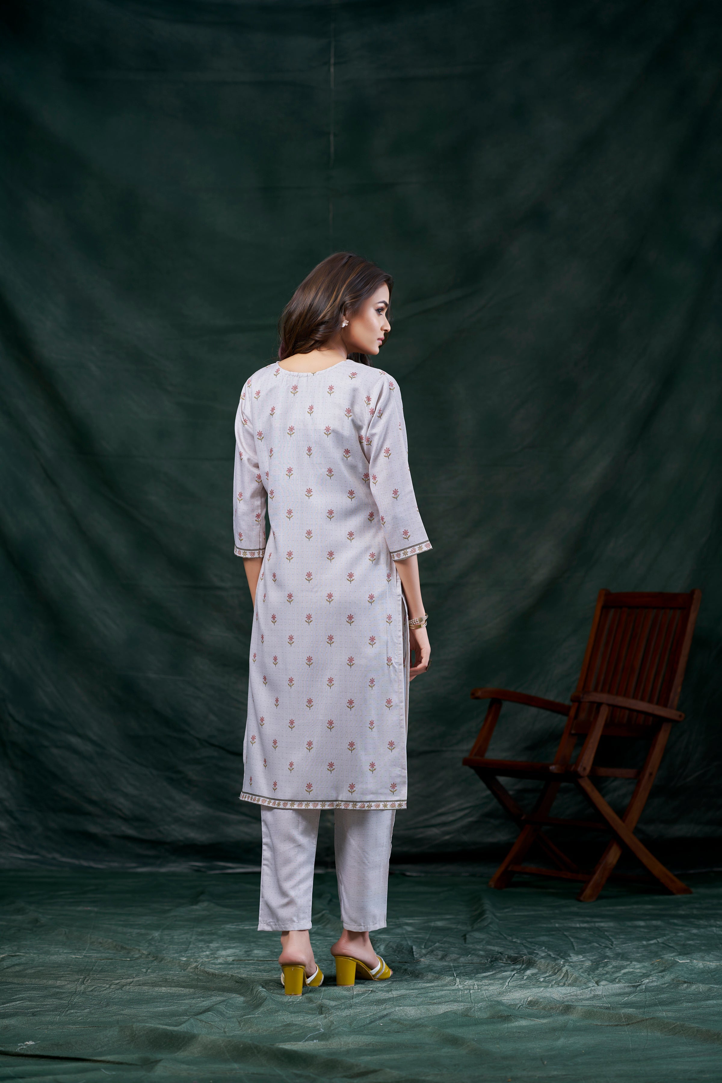 Women's Cotton Linen Off White Floral Printed and Embroidery Kurti