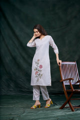 Women's Cotton Linen Off White Floral Printed and Embroidery Kurti-AVT-S2070-OffWhite