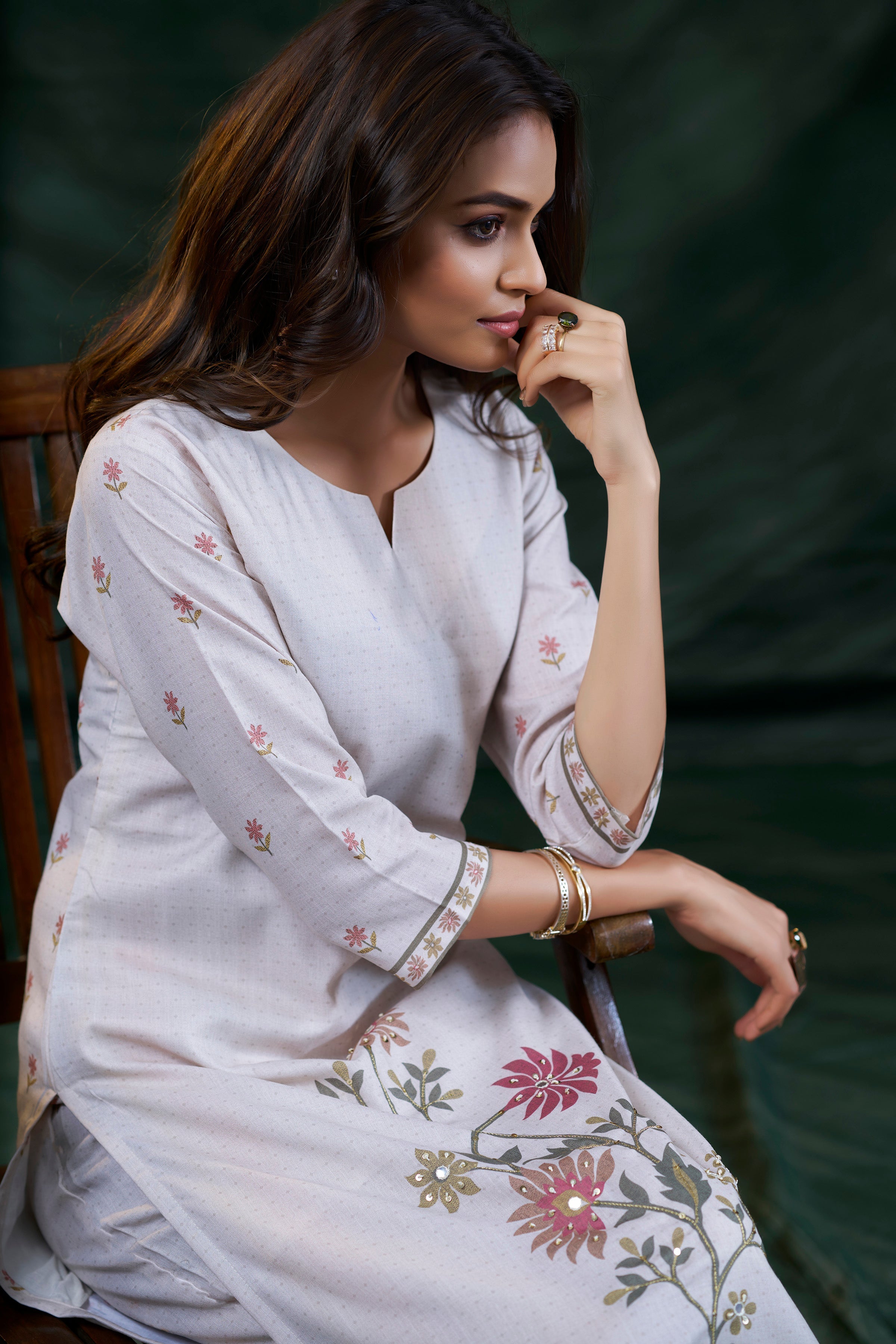 Women's Cotton Linen Off White Floral Printed and Embroidery Kurti