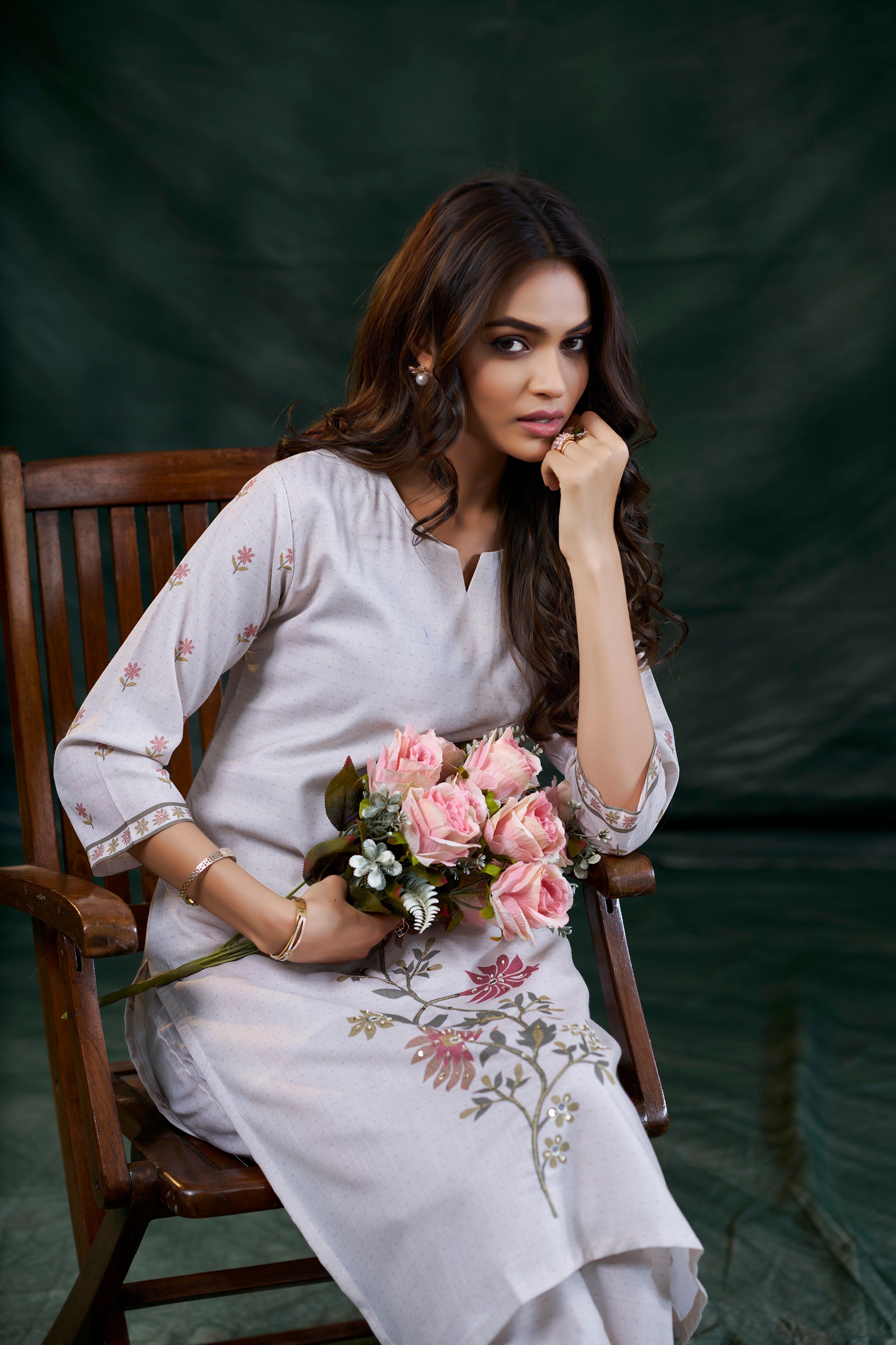 Women's Cotton Linen Off White Floral Printed and Embroidery Kurti