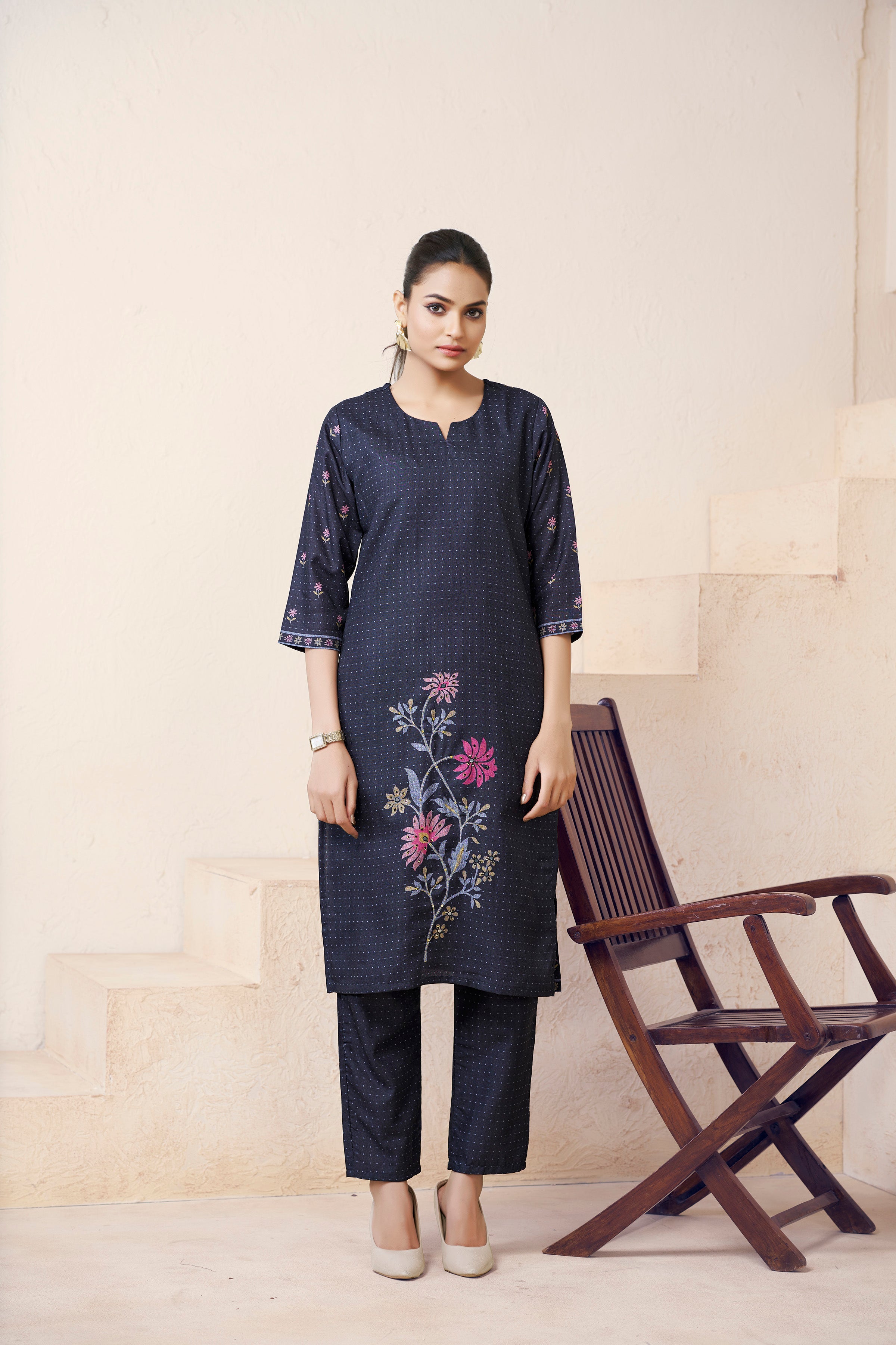 Women's Cotton Linen Black Floral Printed and Embroidery Kurti