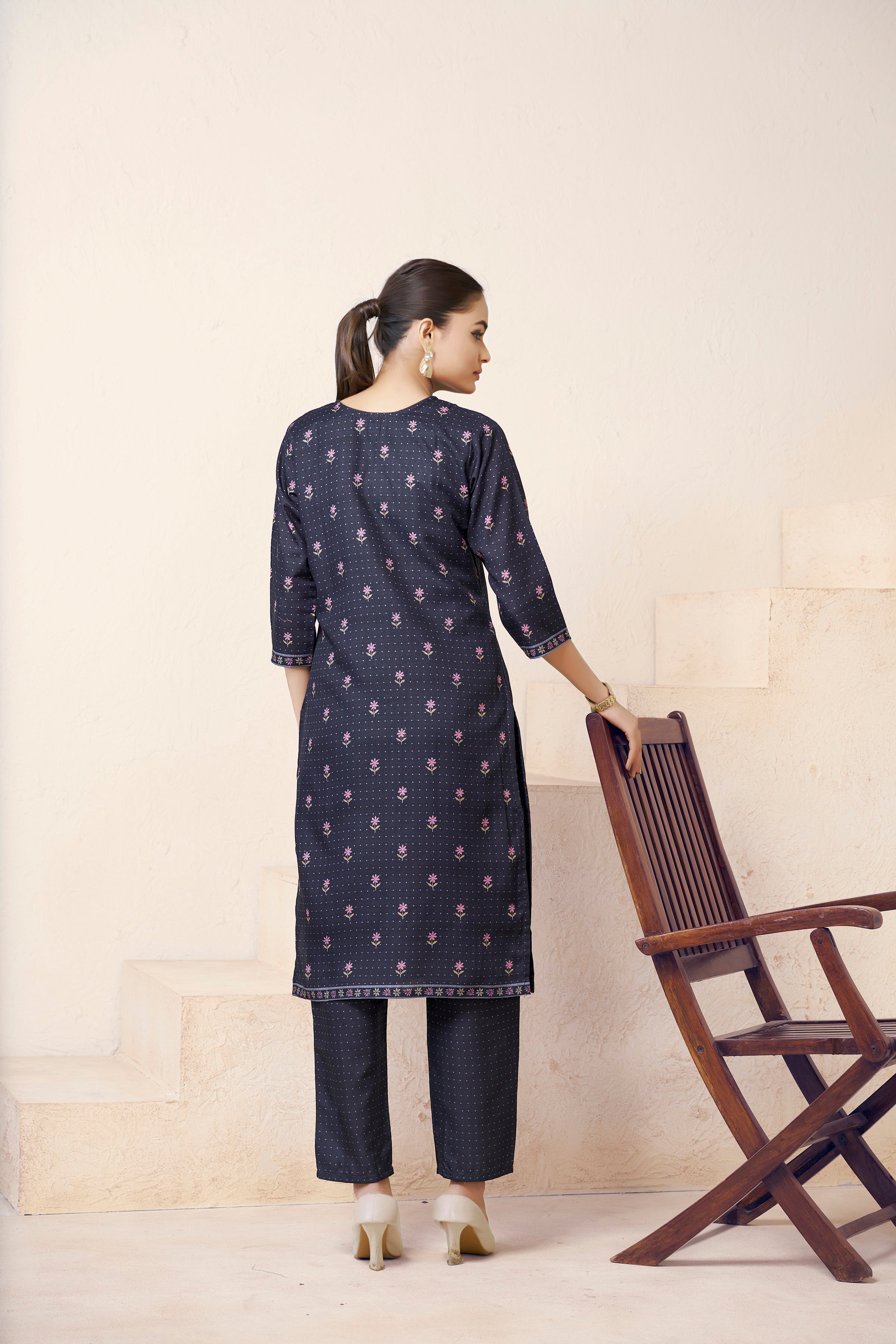 Women's Cotton Linen Black Floral Printed and Embroidery Kurti